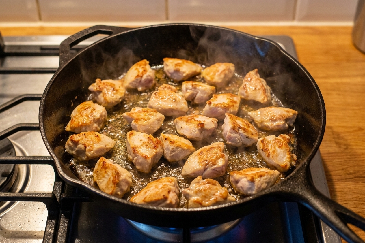 Chicken pieces browning in a hot skillet on a home stovetop, with golden edges forming