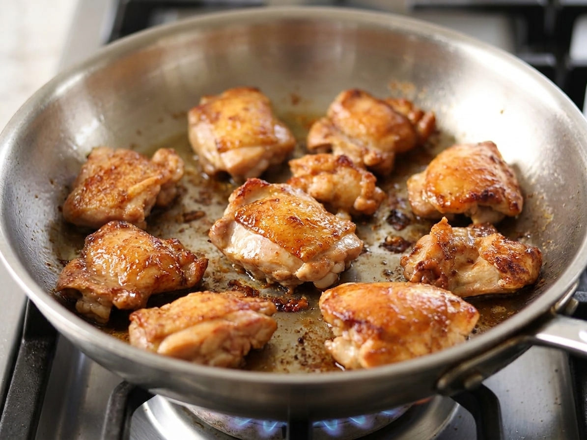 Chicken pieces browning in a hot skillet with crisp golden edges forming on a stovetop