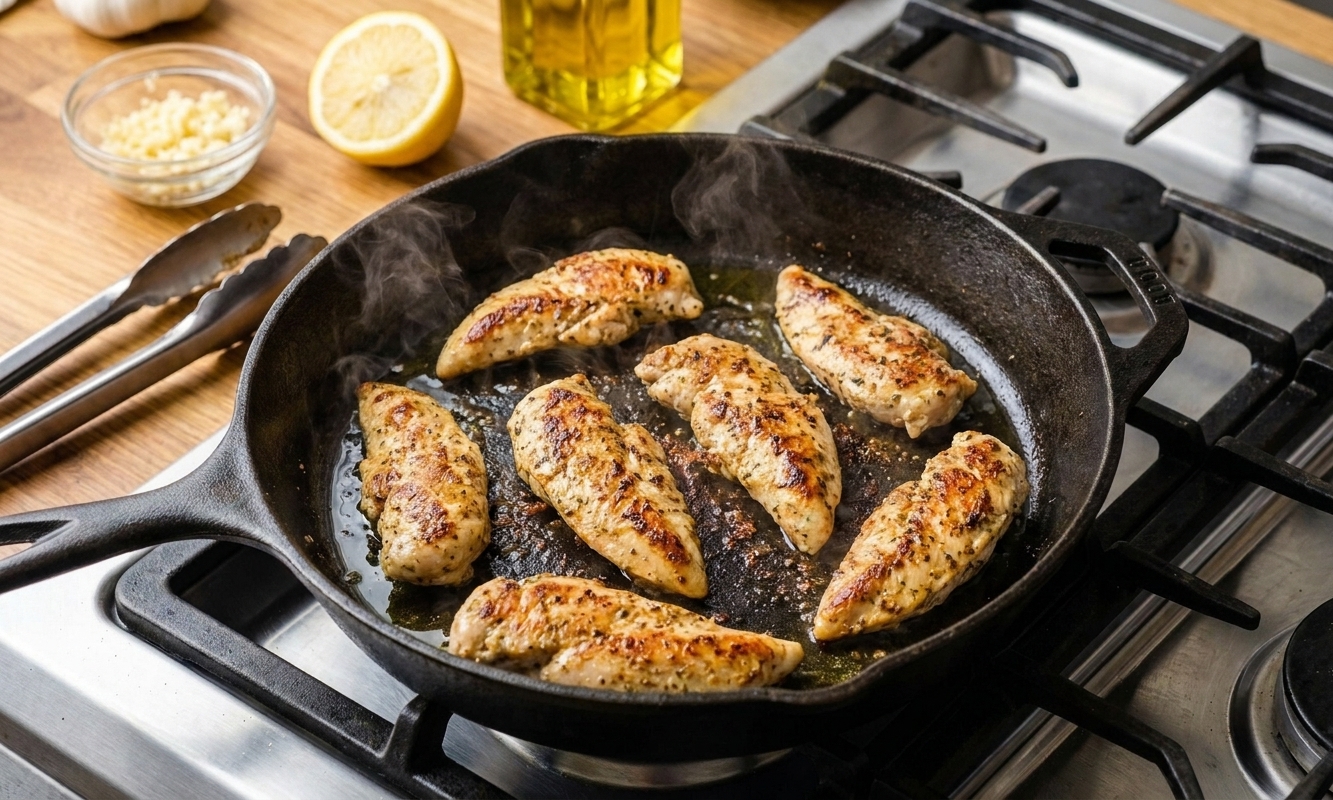 Chicken pieces browning in a hot skillet with golden edges forming, viewed from above on a home stove