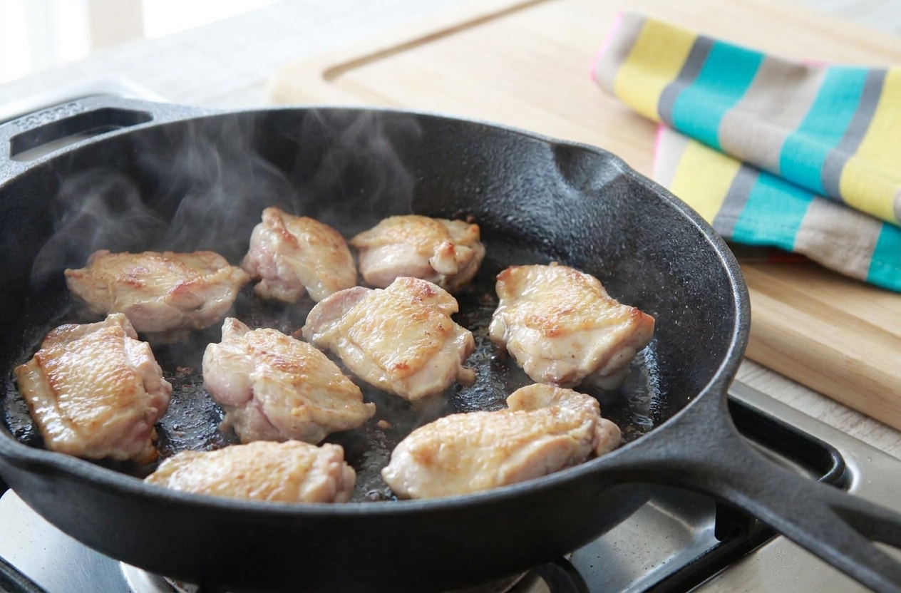 Chicken pieces browning in a hot skillet with light golden edges