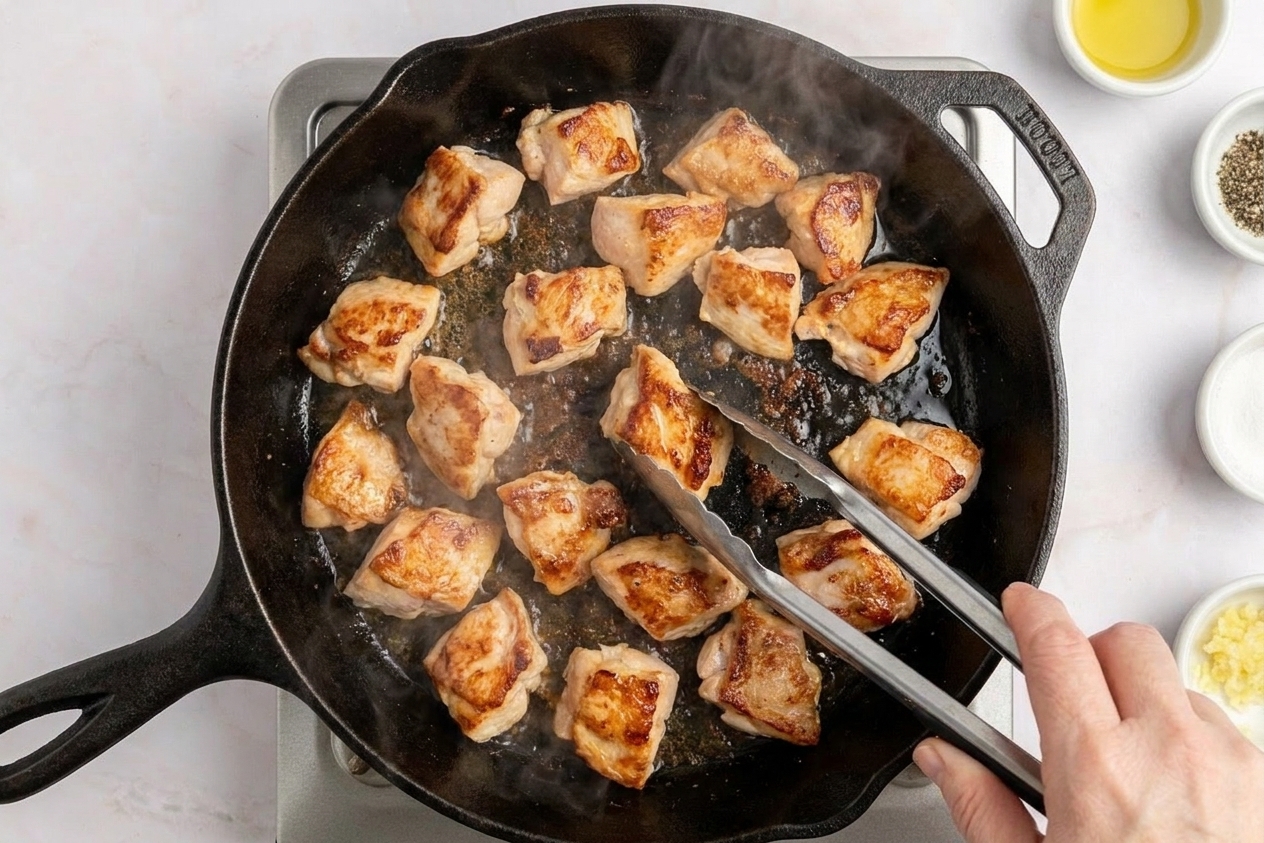 Chicken pieces browning in a hot skillet with visible caramelized edges and light steam rising