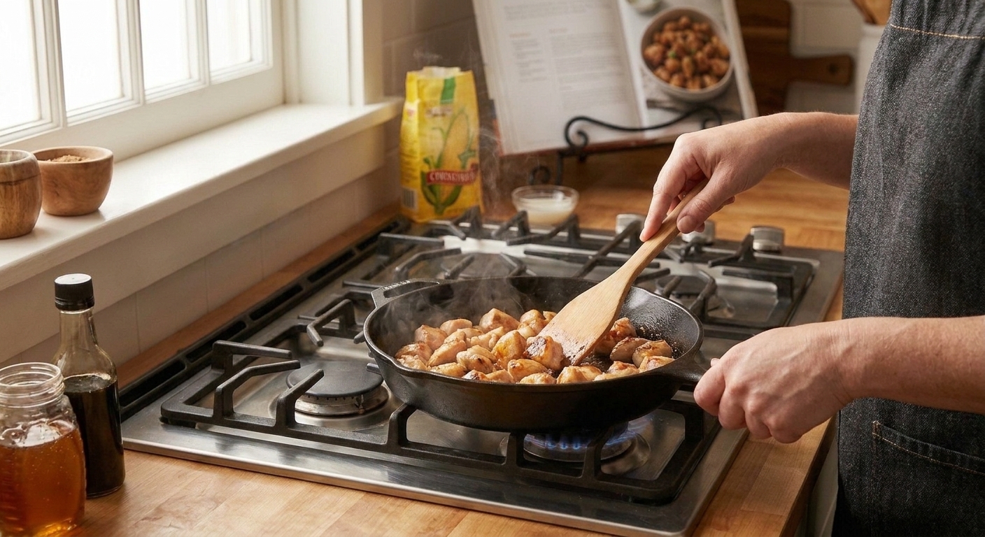 Chicken pieces browning in a large skillet on a stovetop with light steam rising