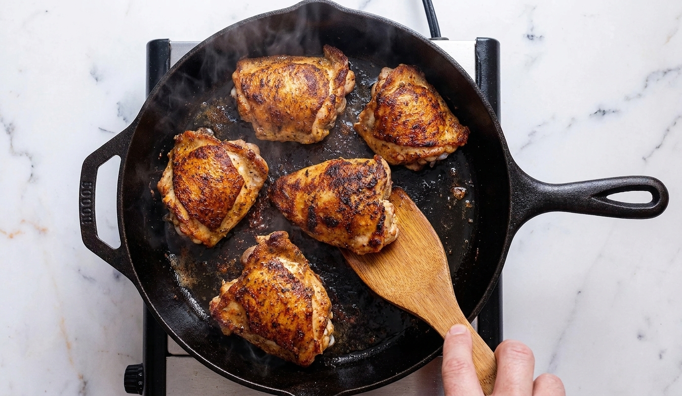 Chicken pieces browning in a large skillet with golden edges forming, viewed from above on a home stove