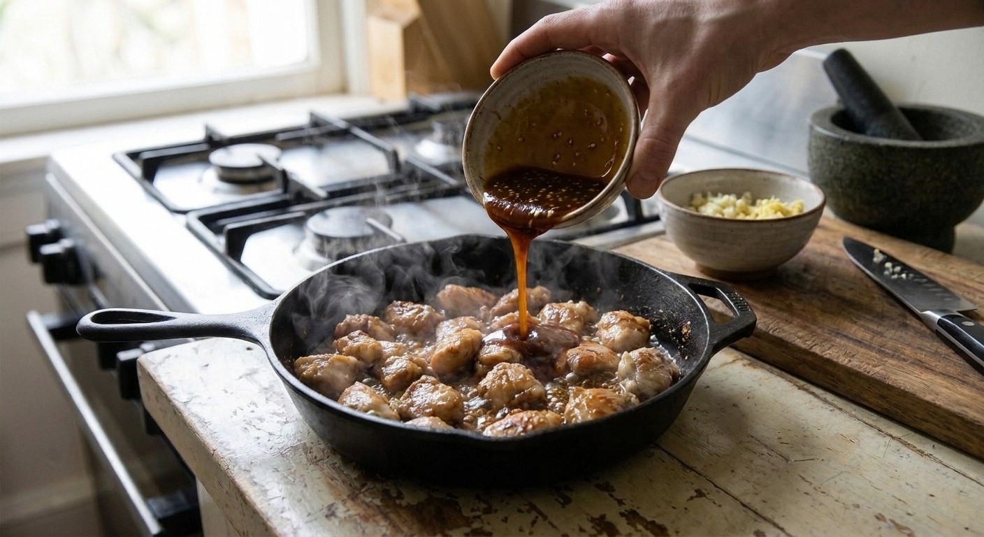 Chicken pieces browning in a skillet while a glossy honey garlic sauce is poured in from a small bowl