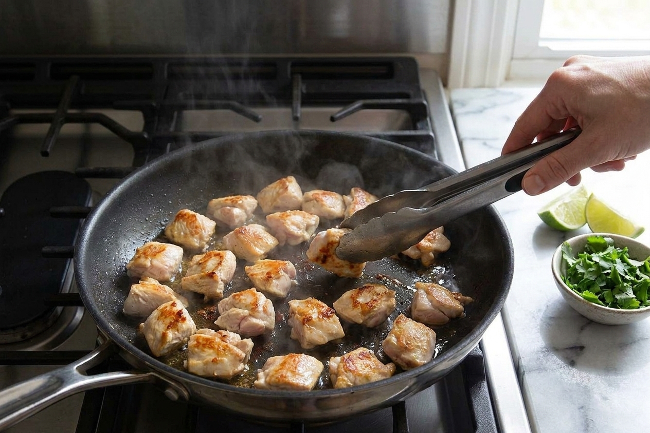 Chicken pieces browning in a wide skillet on a stovetop, with golden edges forming