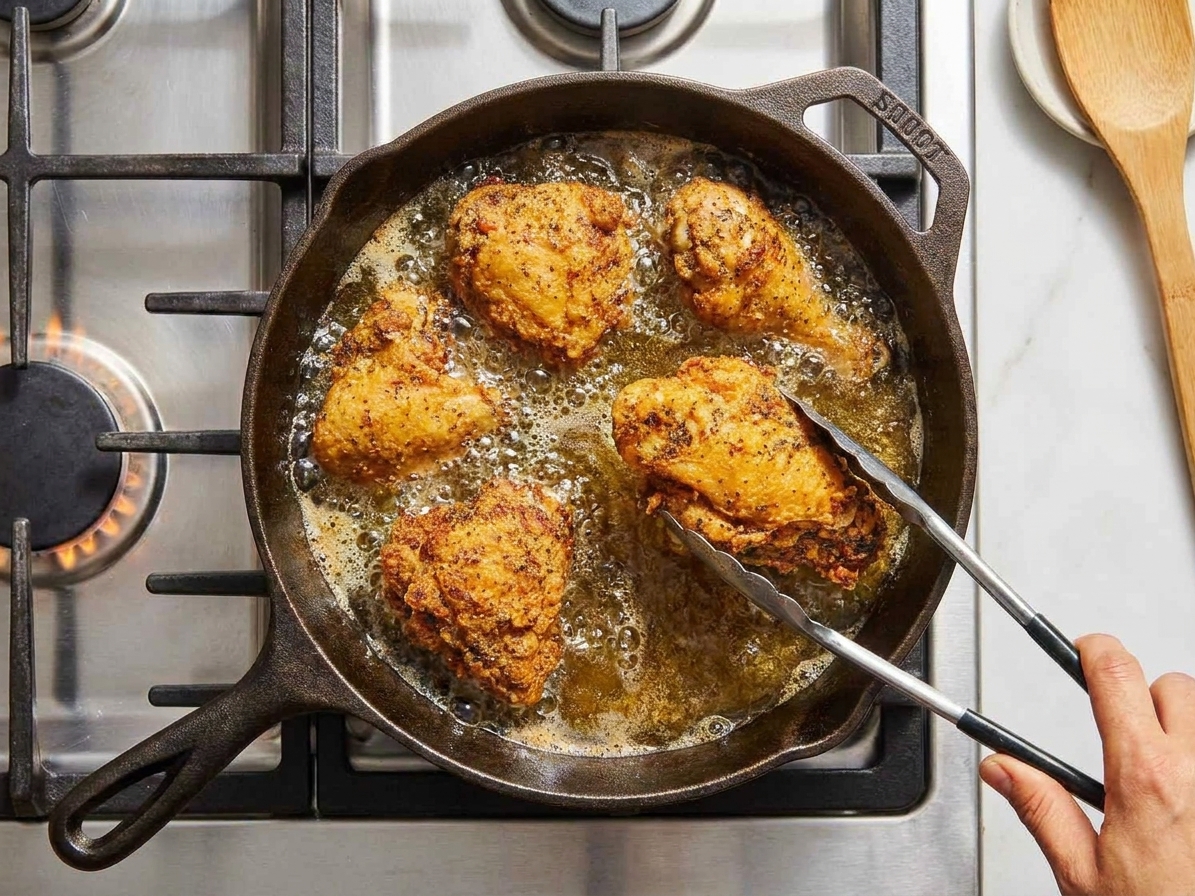 Chicken pieces bubbling in hot oil in a cast iron skillet while a cook uses tongs to turn a piece under warm kitchen lighting