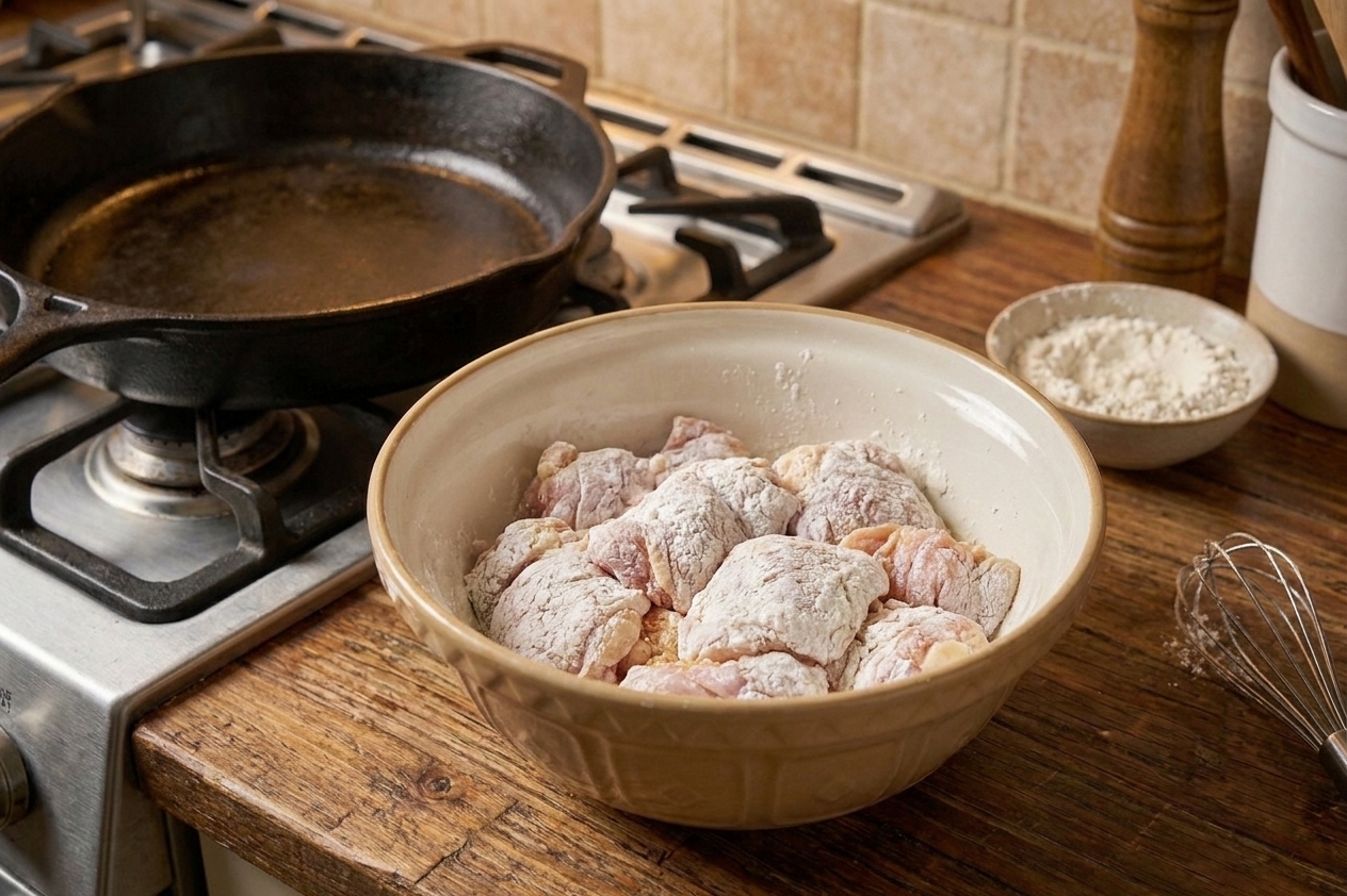 Chicken pieces coated in a cornstarch and flour mixture in a mixing bowl, ready to fry