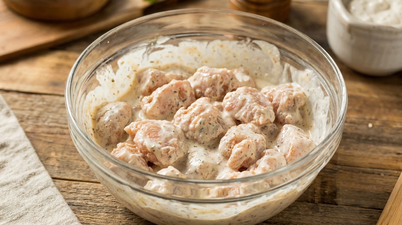 Chicken pieces coated in a creamy buttermilk-style marinade in a glass mixing bowl on a kitchen counter