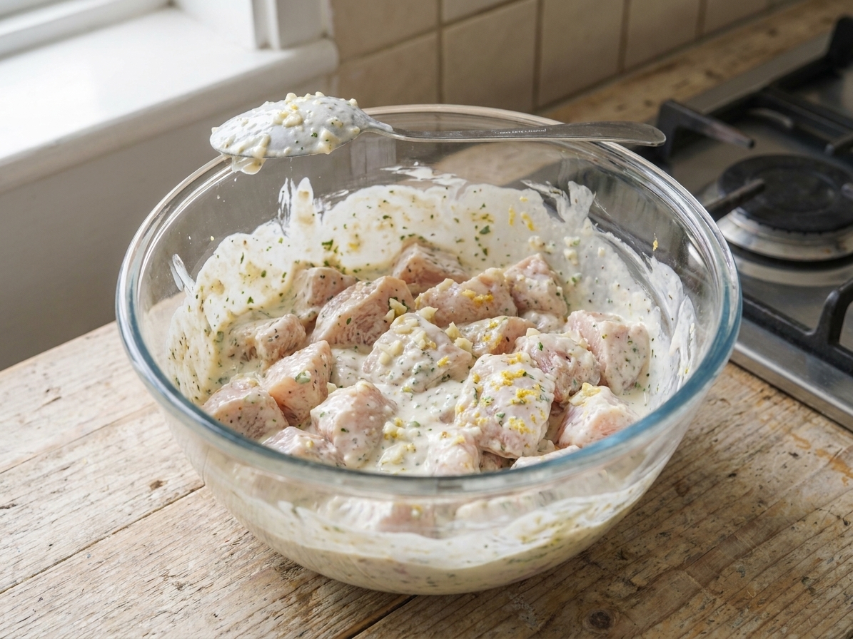 Chicken pieces coated in a creamy lemon garlic yogurt marinade in a glass mixing bowl with a spoon resting on the side on a kitchen counter
