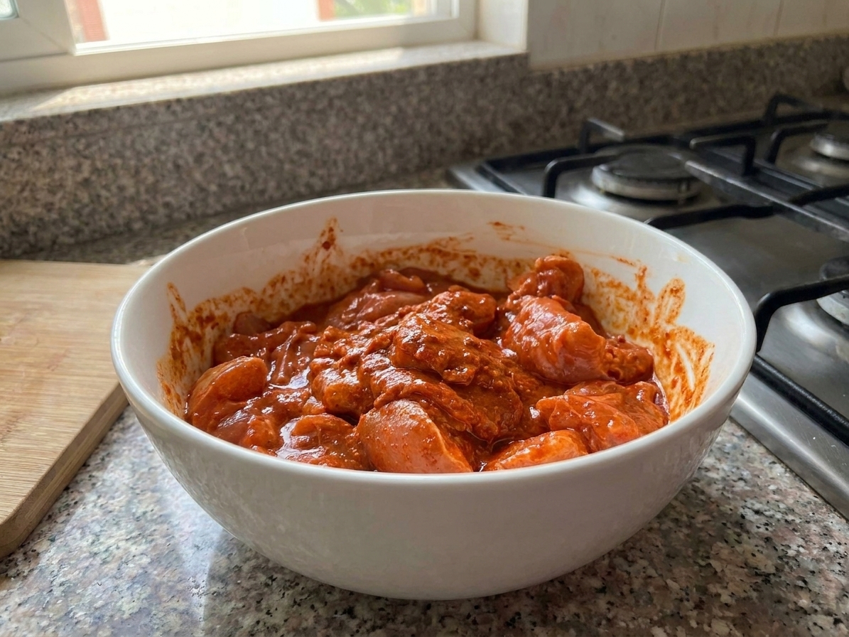 Chicken pieces coated in a reddish yogurt marinade in a mixing bowl on a kitchen counter