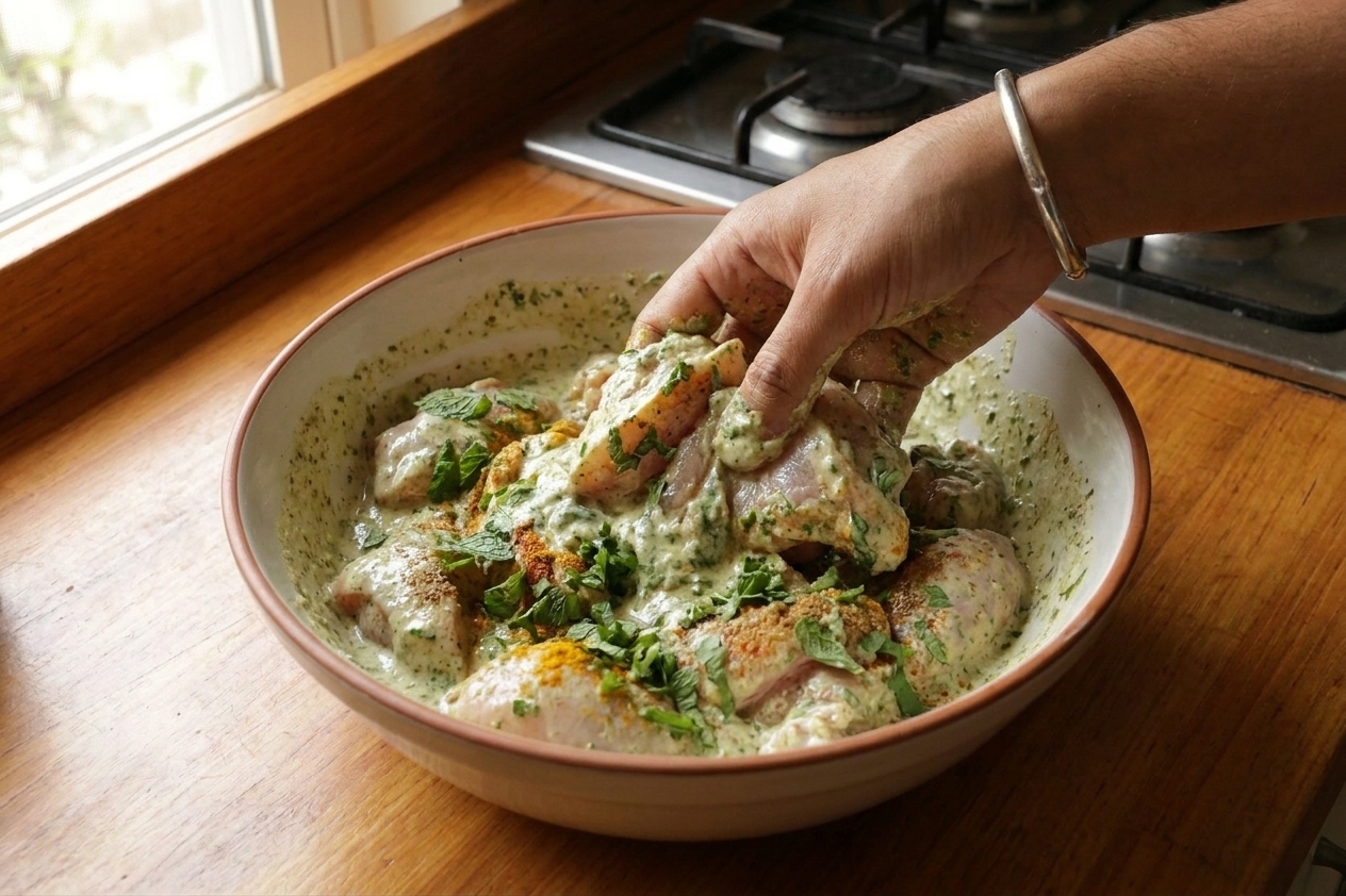 Chicken pieces coated in a thick yogurt marinade with chopped mint and cilantro in a mixing bowl on a kitchen counter