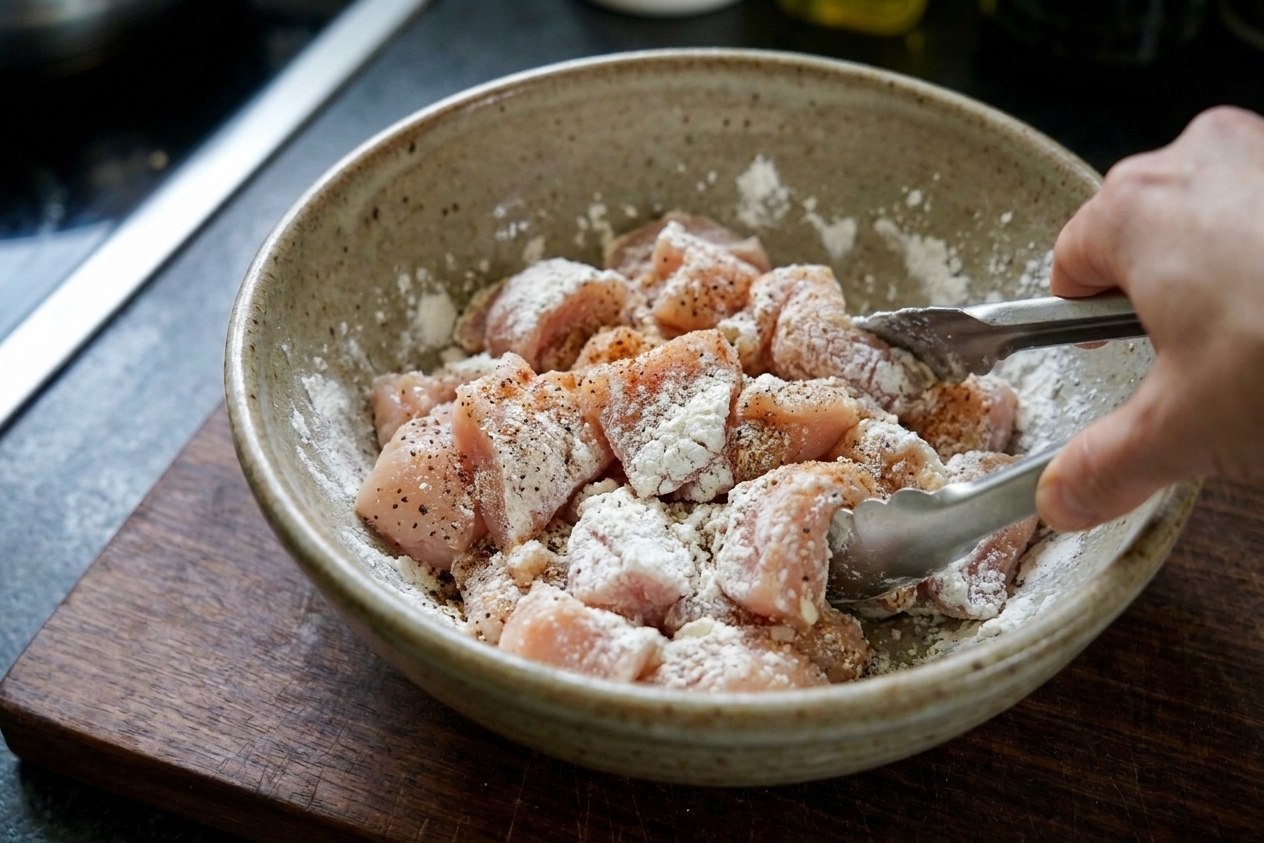 Chicken pieces coated in cornstarch and seasonings in a mixing bowl, ready to be cooked