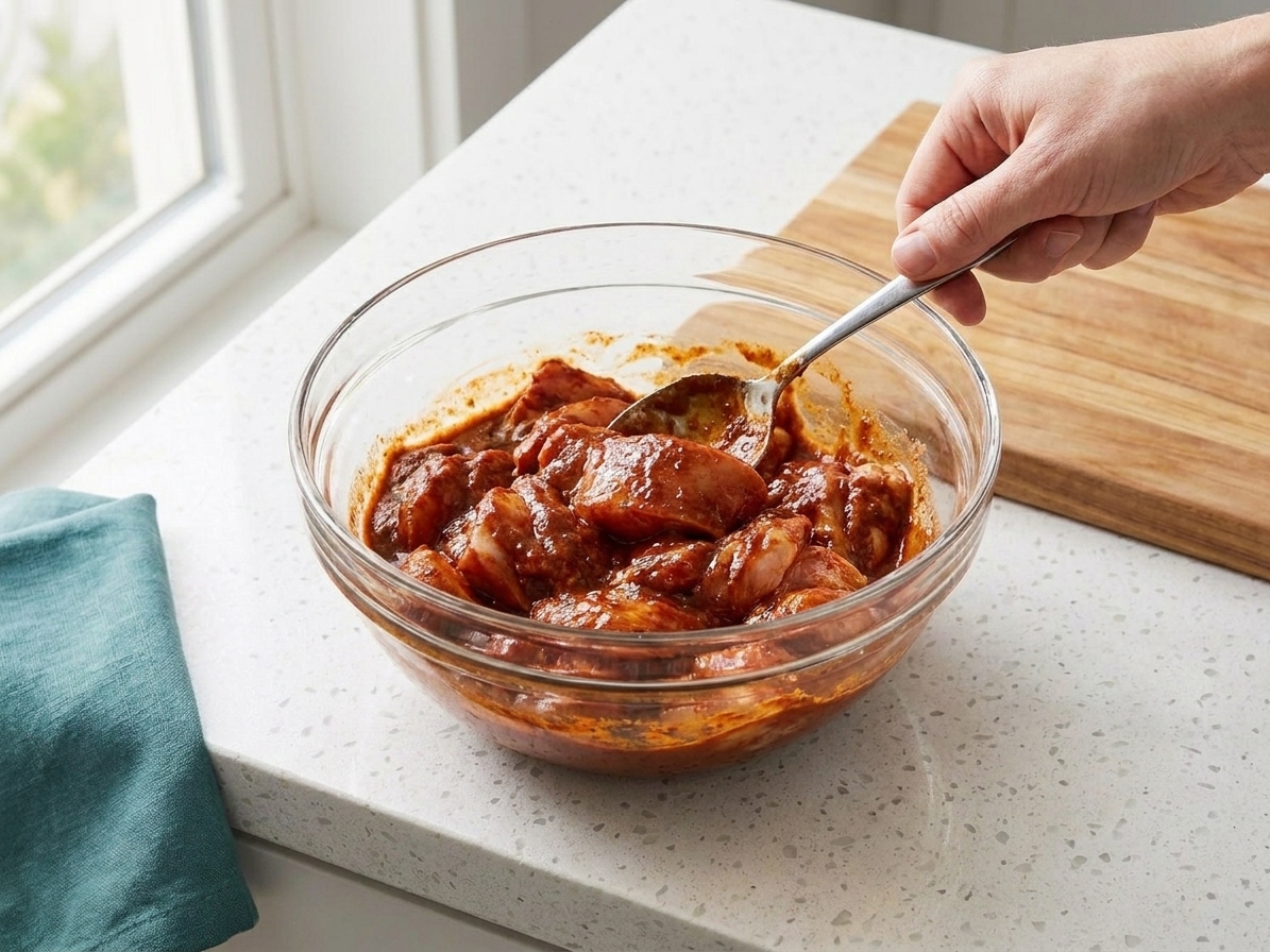 Chicken pieces coated in red al pastor marinade in a glass bowl being stirred with a spoon