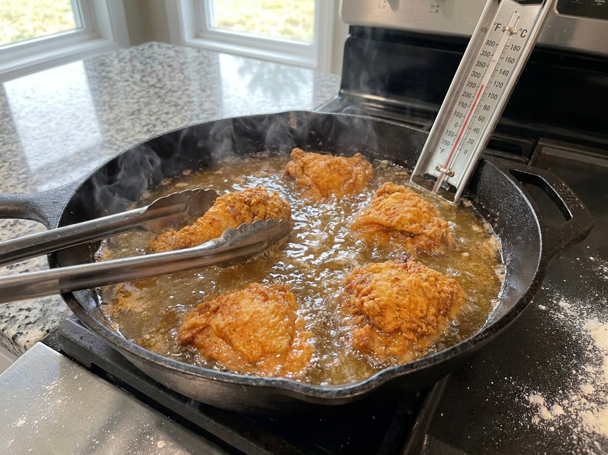 Chicken pieces frying in a cast iron skillet with bubbling oil, tongs resting on the edge, and a thermometer clipped to the pan