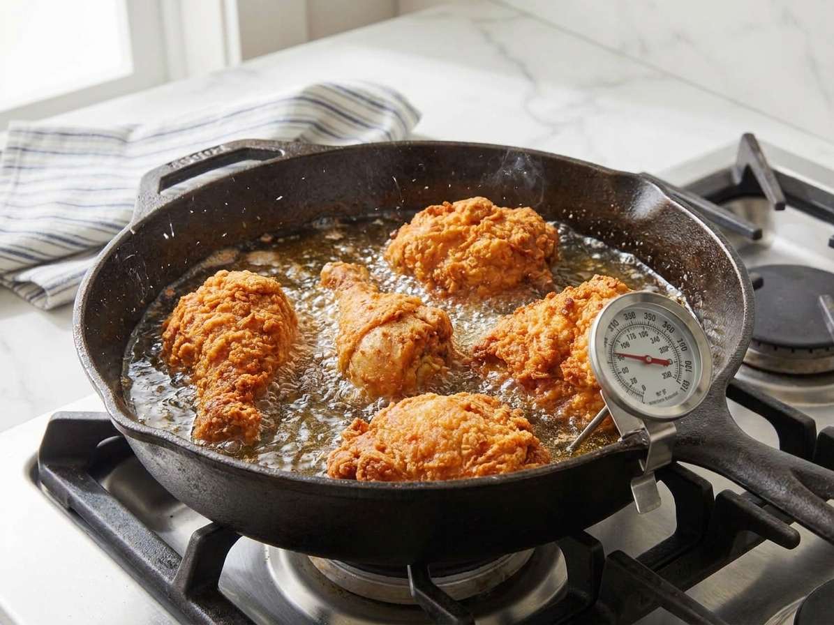 Chicken pieces frying in a cast iron skillet with bubbling oil on a stovetop, with a thermometer clipped to the side
