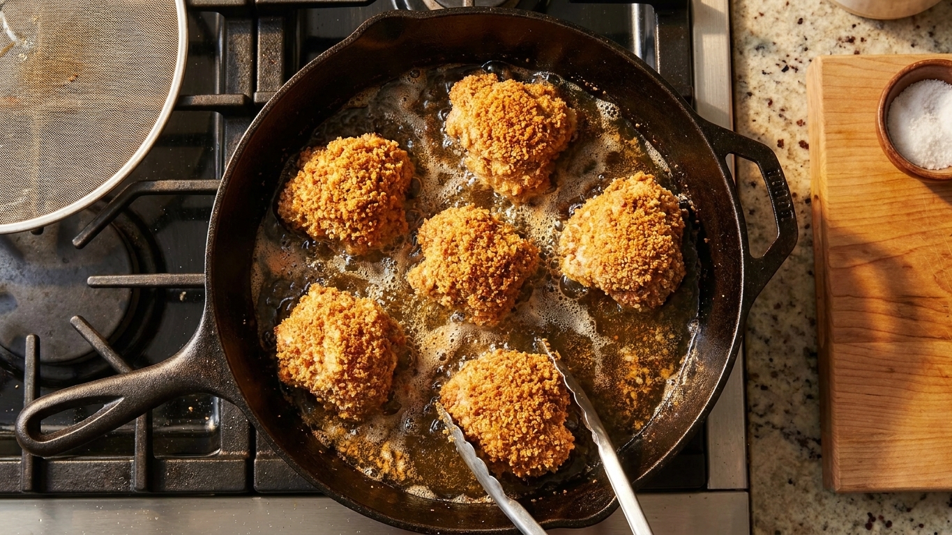 Chicken pieces frying in a cast-iron skillet with bubbling oil on a home stovetop under warm kitchen lighting
