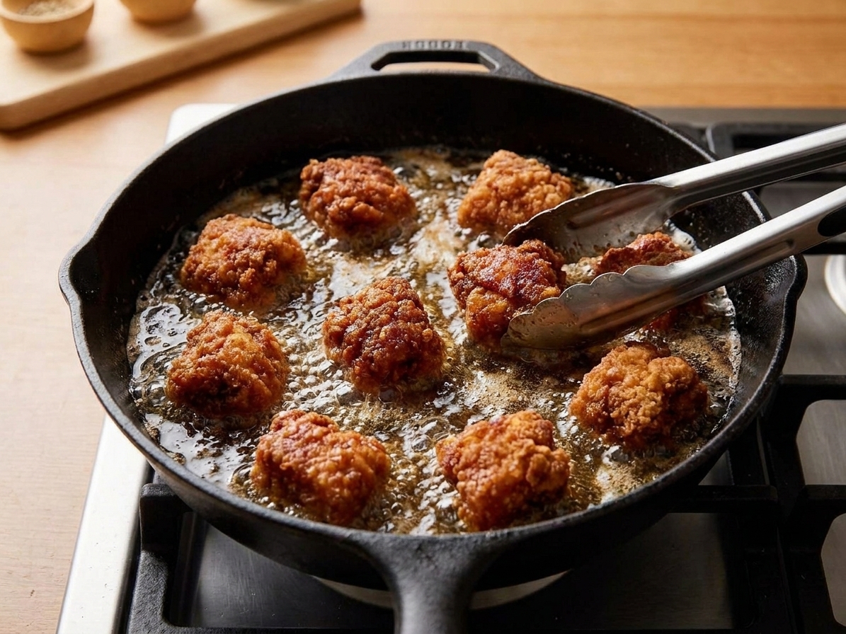 Chicken pieces frying in a hot skillet with bubbling oil, turning deep golden brown