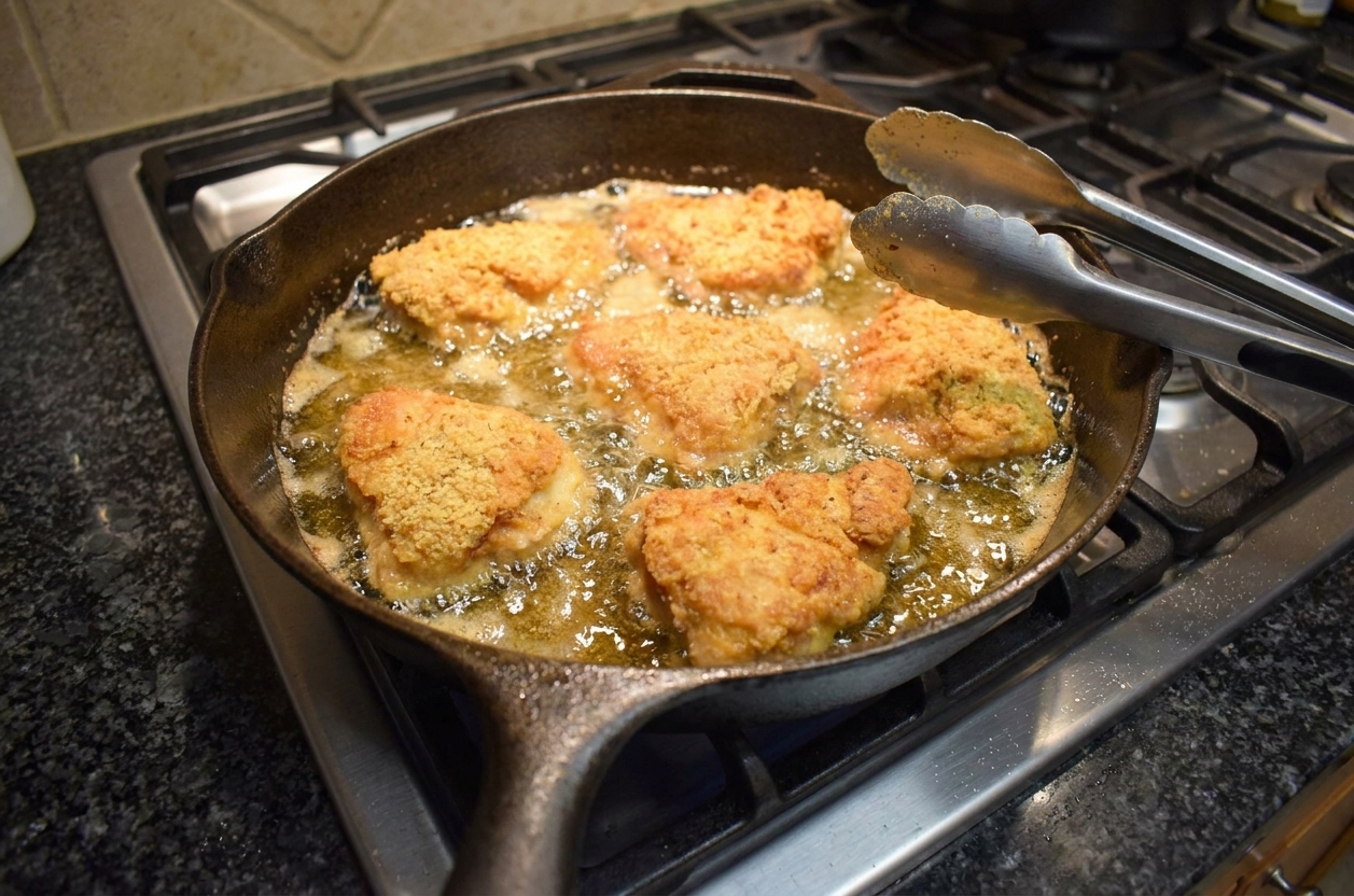 Chicken pieces frying in bubbling oil in a cast iron skillet on a stove, with tongs resting on the pan edge