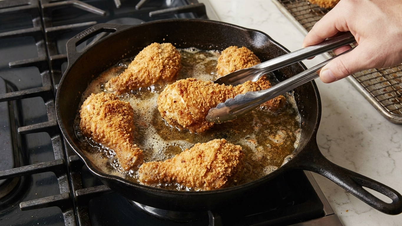 Chicken pieces frying in bubbling oil in a cast iron skillet on a stovetop while tongs hover nearby ready to turn a piece