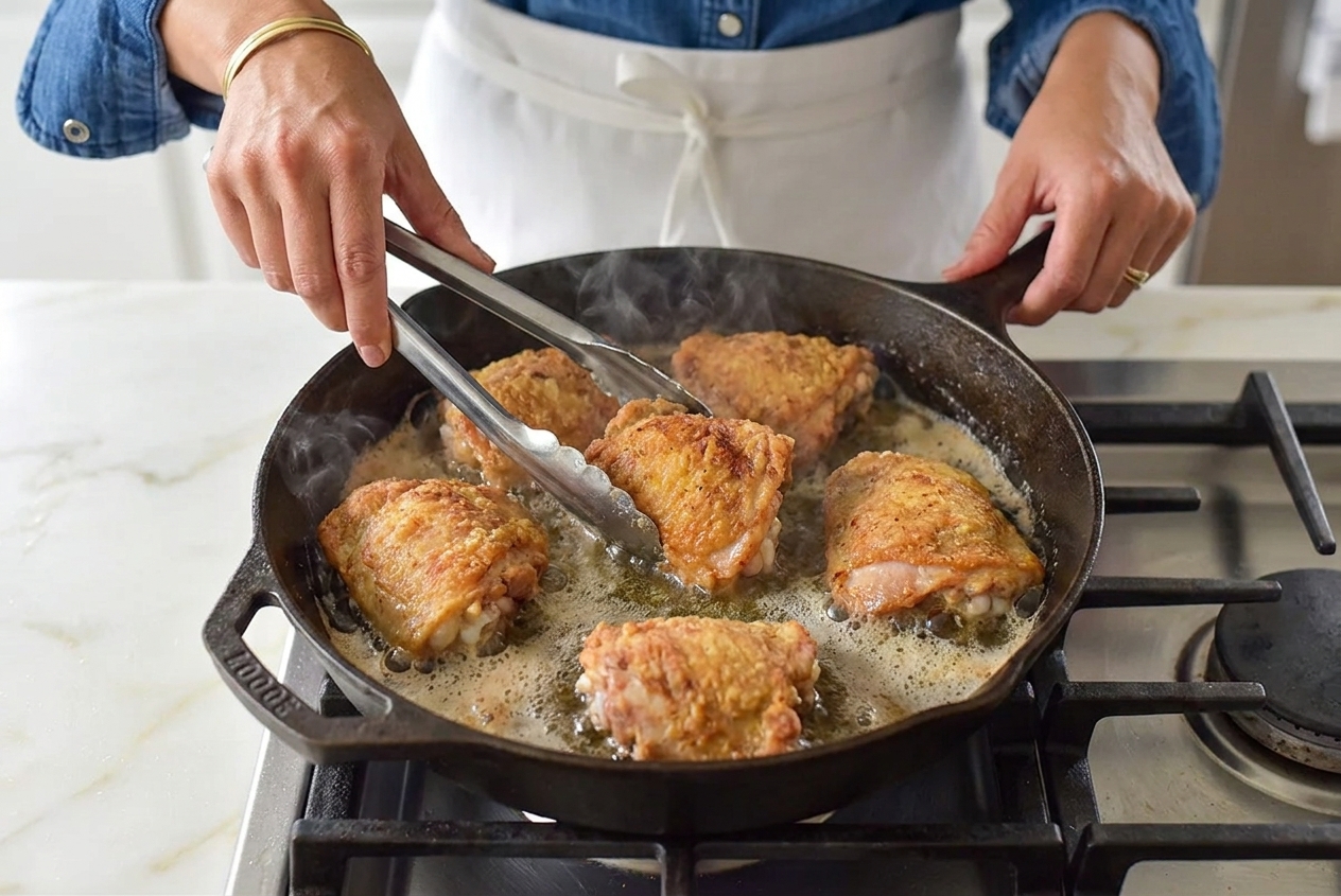 Chicken pieces frying in hot oil in a cast iron skillet on a stovetop with gentle bubbling around the crust