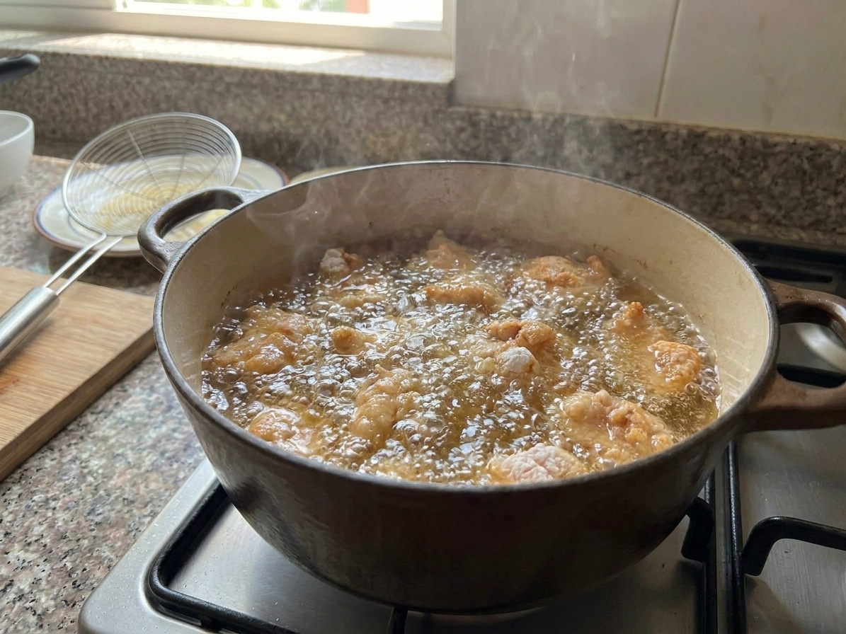 Chicken pieces frying in hot oil in a deep pot on a stovetop with bubbles actively rising