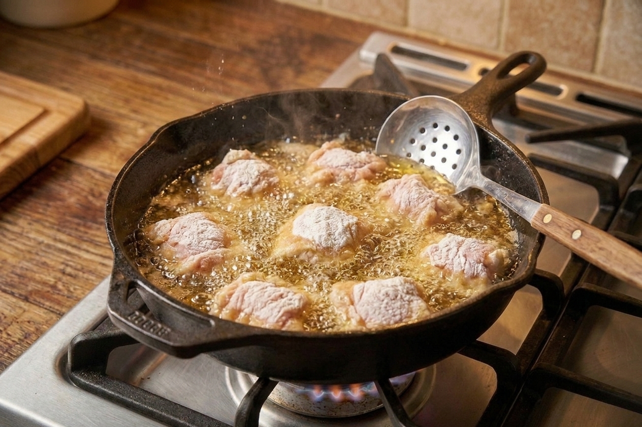 Chicken pieces frying in hot oil in a deep skillet with bubbling oil and a slotted spoon nearby