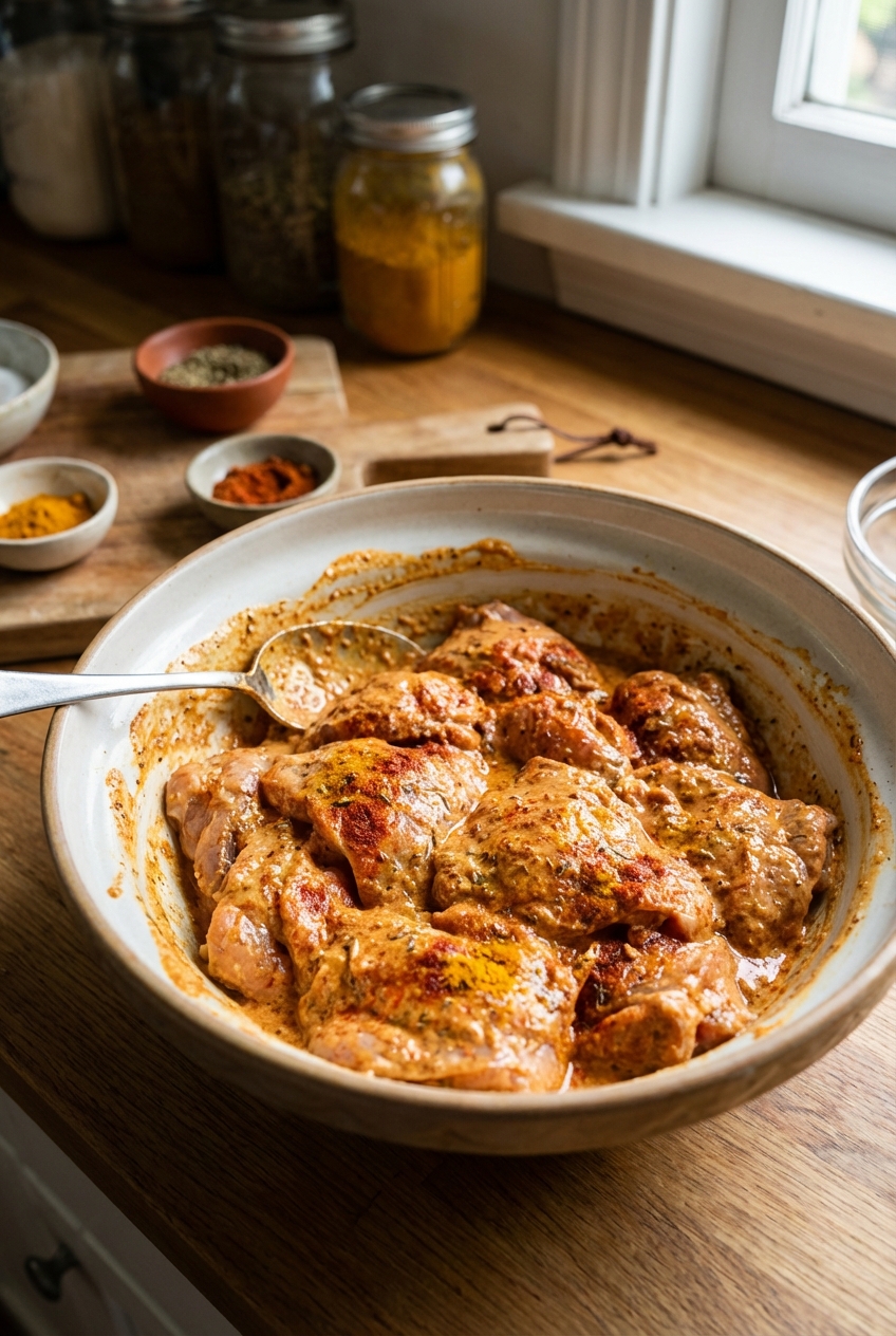 Chicken pieces marinating in a bowl of yogurt and spices with a spoon resting on the rim