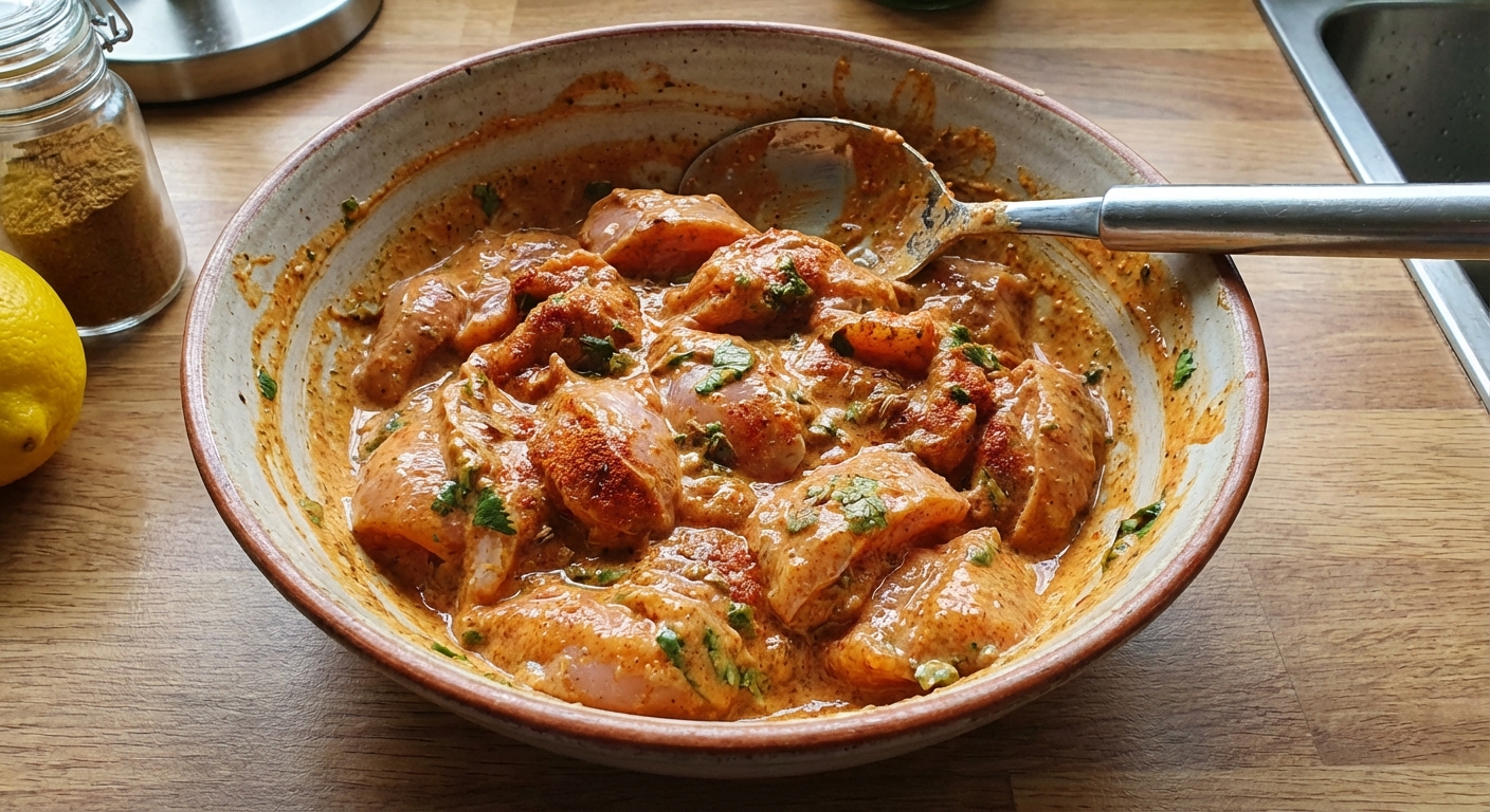 Chicken pieces marinating in a bowl of yogurt and spices with a spoon resting on the rim