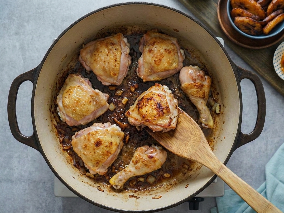 Chicken pieces searing in a Dutch oven with caramelized brown bits forming on the bottom of the pot