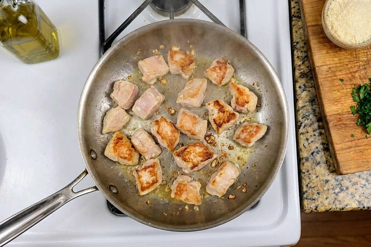 Chicken pieces searing in a hot skillet with browned edges forming, viewed from above on a stovetop