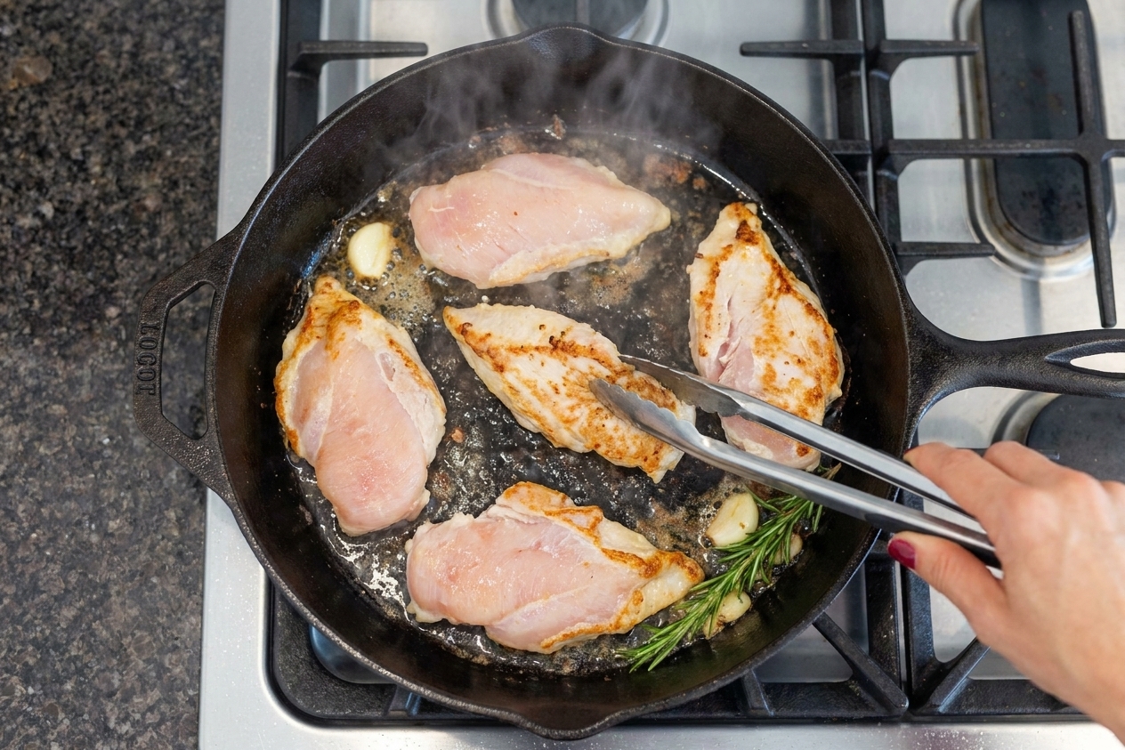 Chicken pieces searing in a hot skillet with browned edges forming, seen from above on a stovetop
