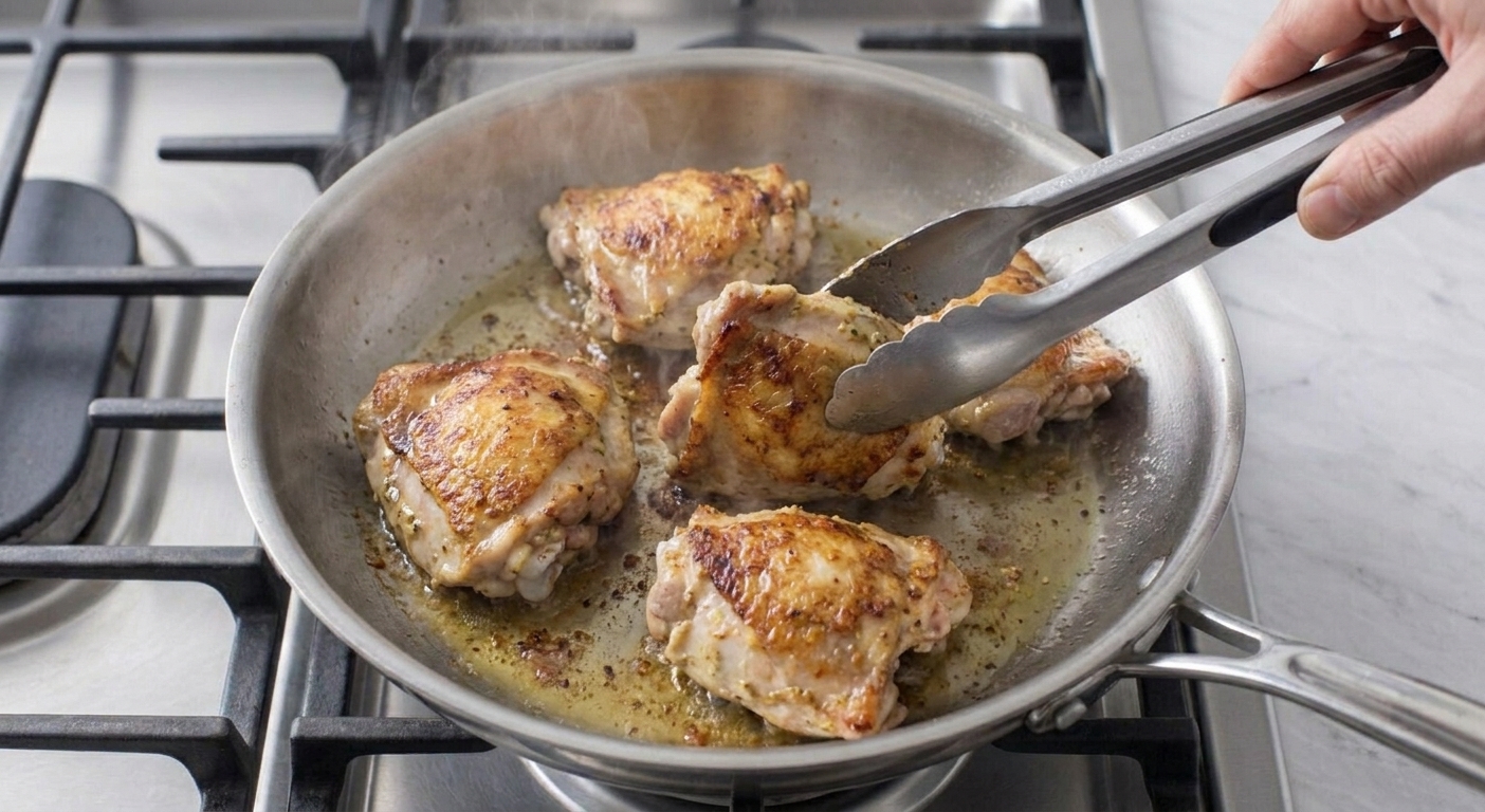 Chicken pieces searing in a hot skillet with golden-brown edges forming