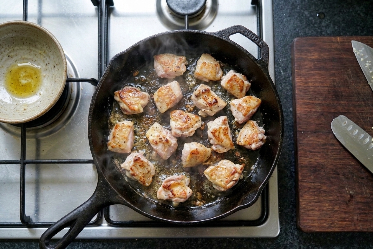 Chicken pieces searing in a hot skillet with golden brown edges forming, viewed from above on a stovetop