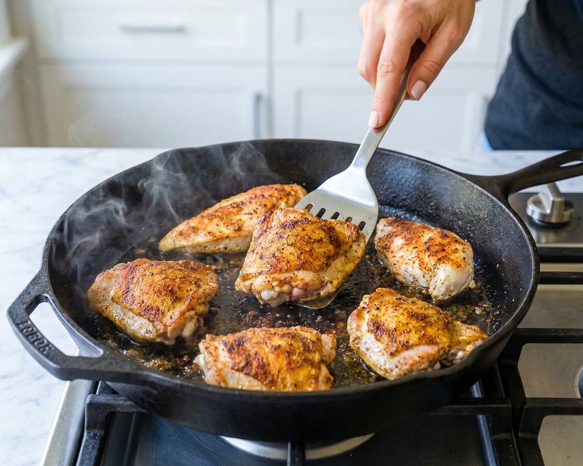 Chicken pieces searing in a large skillet on a stovetop with visible browning and spices