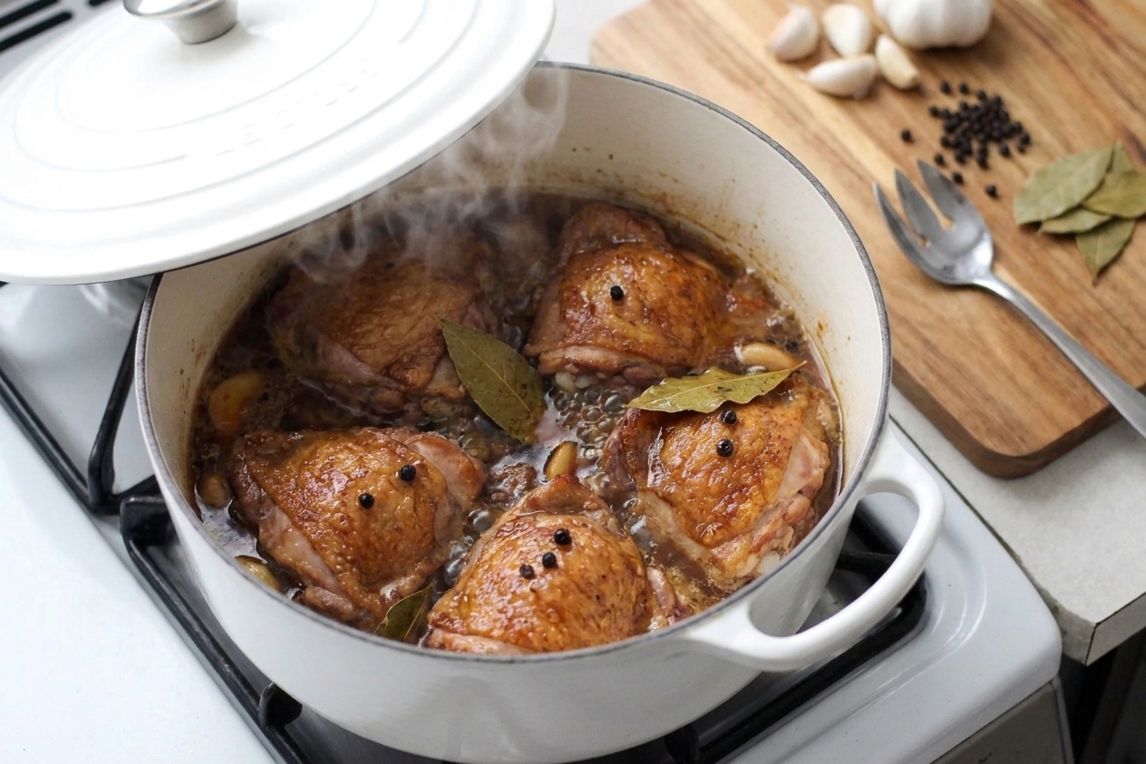 Chicken pieces simmering in a brown soy-vinegar sauce with bay leaves floating on top in a covered pot on the stove