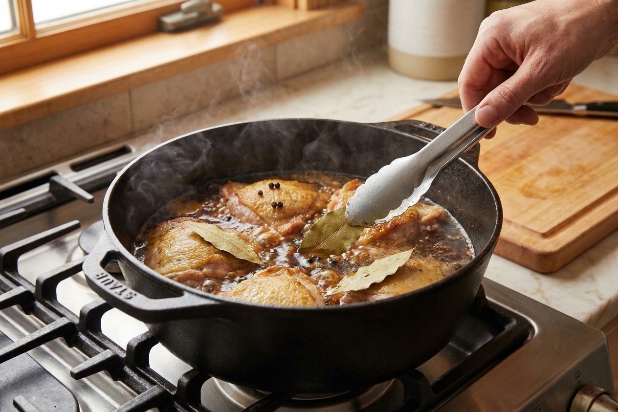 Chicken pieces simmering in a brown soy-vinegar sauce with bay leaves floating on top inside a Dutch oven