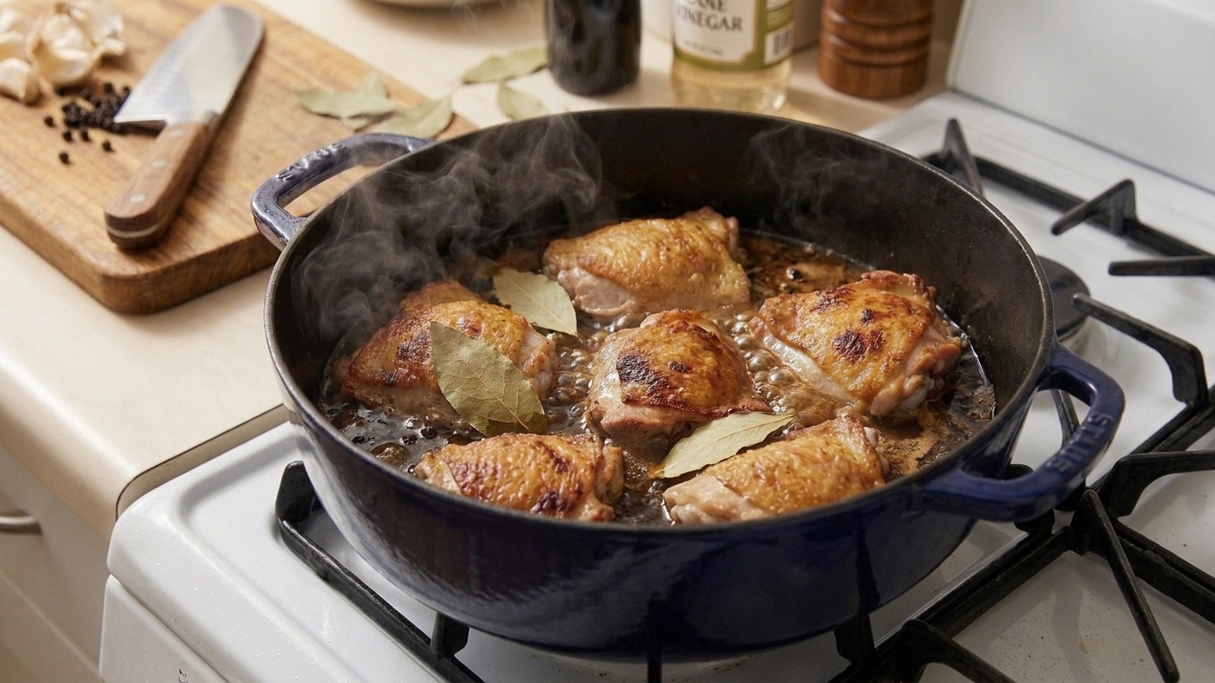 Chicken pieces simmering in a dark adobo sauce with bay leaves floating and steam rising from the pot