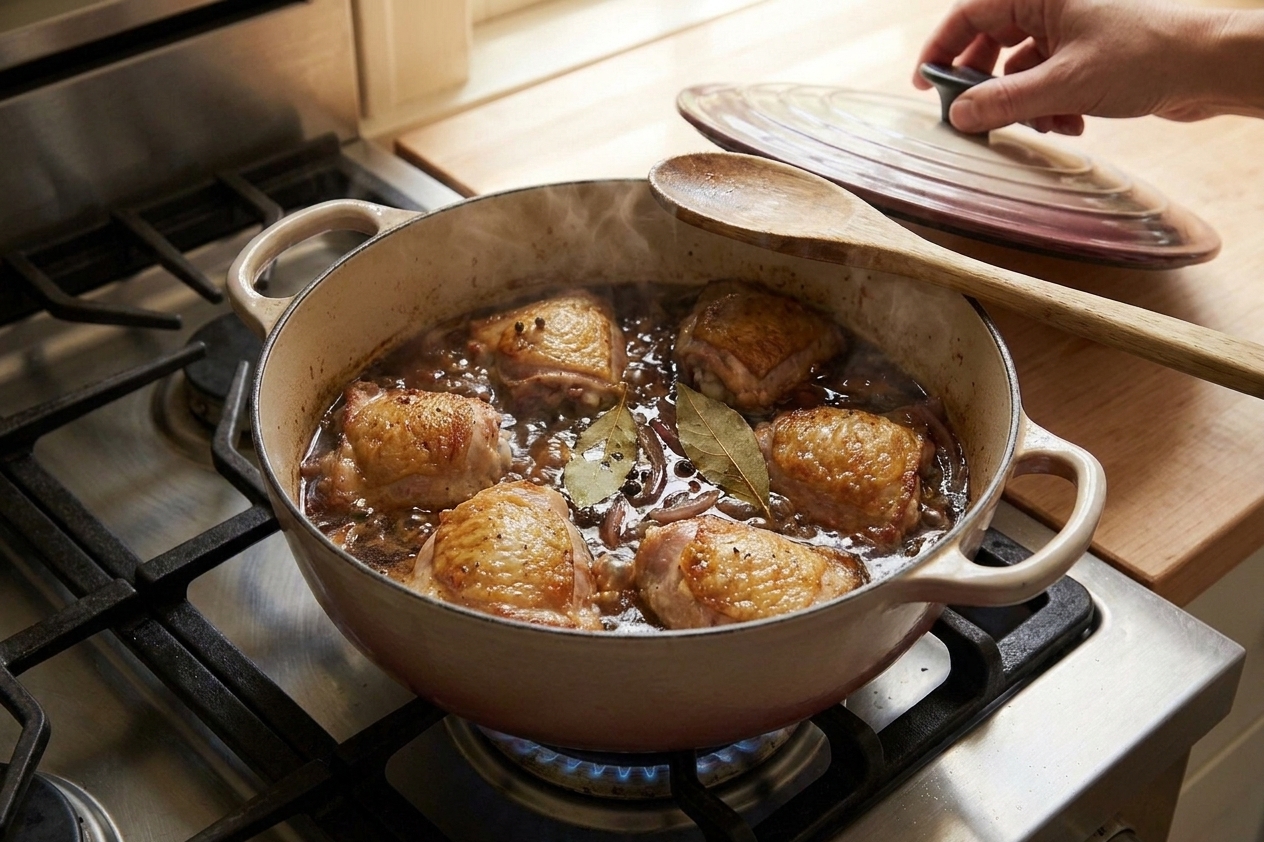 Chicken pieces simmering in a dark glossy sauce with bay leaves visible in a lidded Dutch oven on a stove