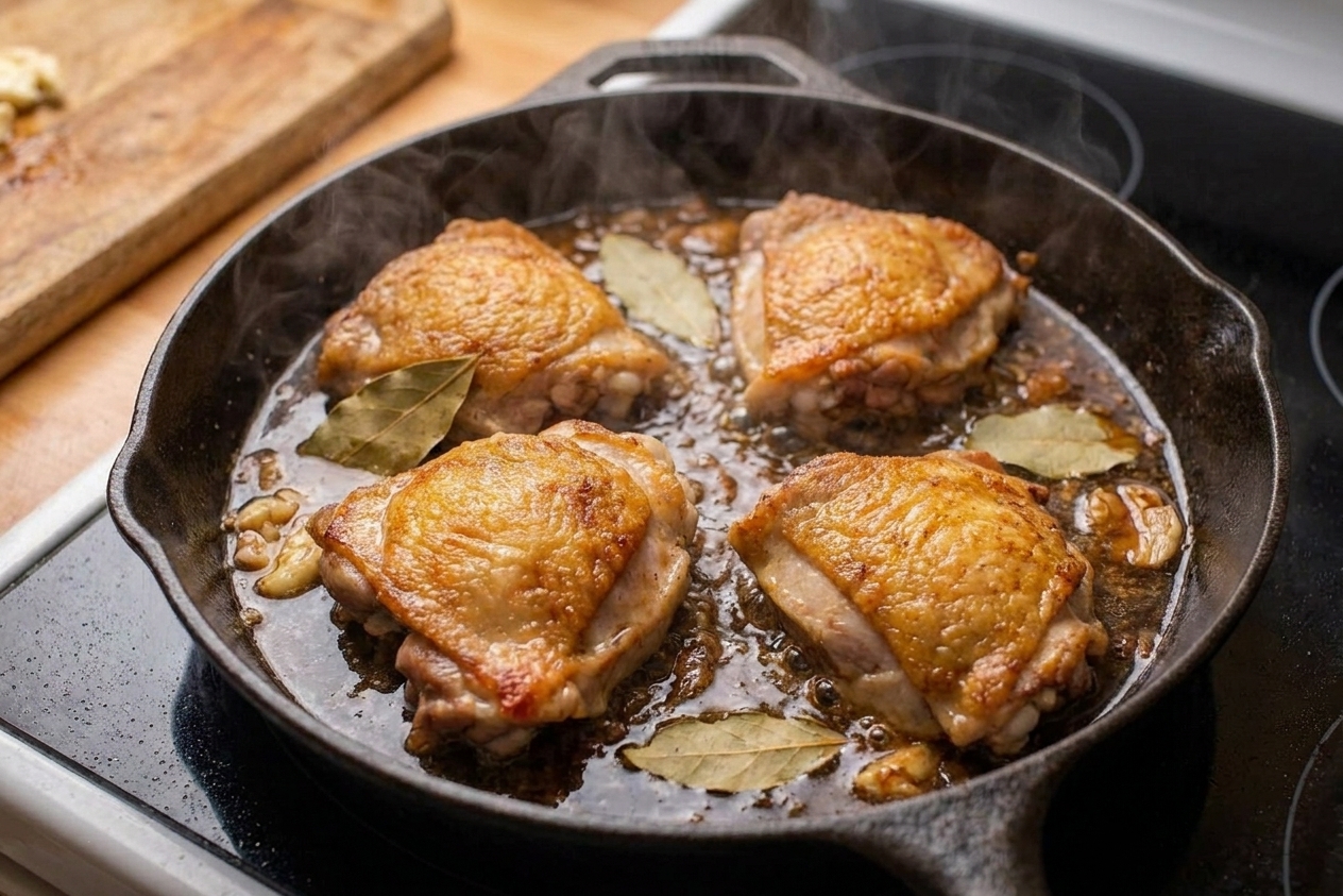 Chicken pieces simmering in a glossy dark adobo sauce with bay leaves floating in a wide pan on the stove