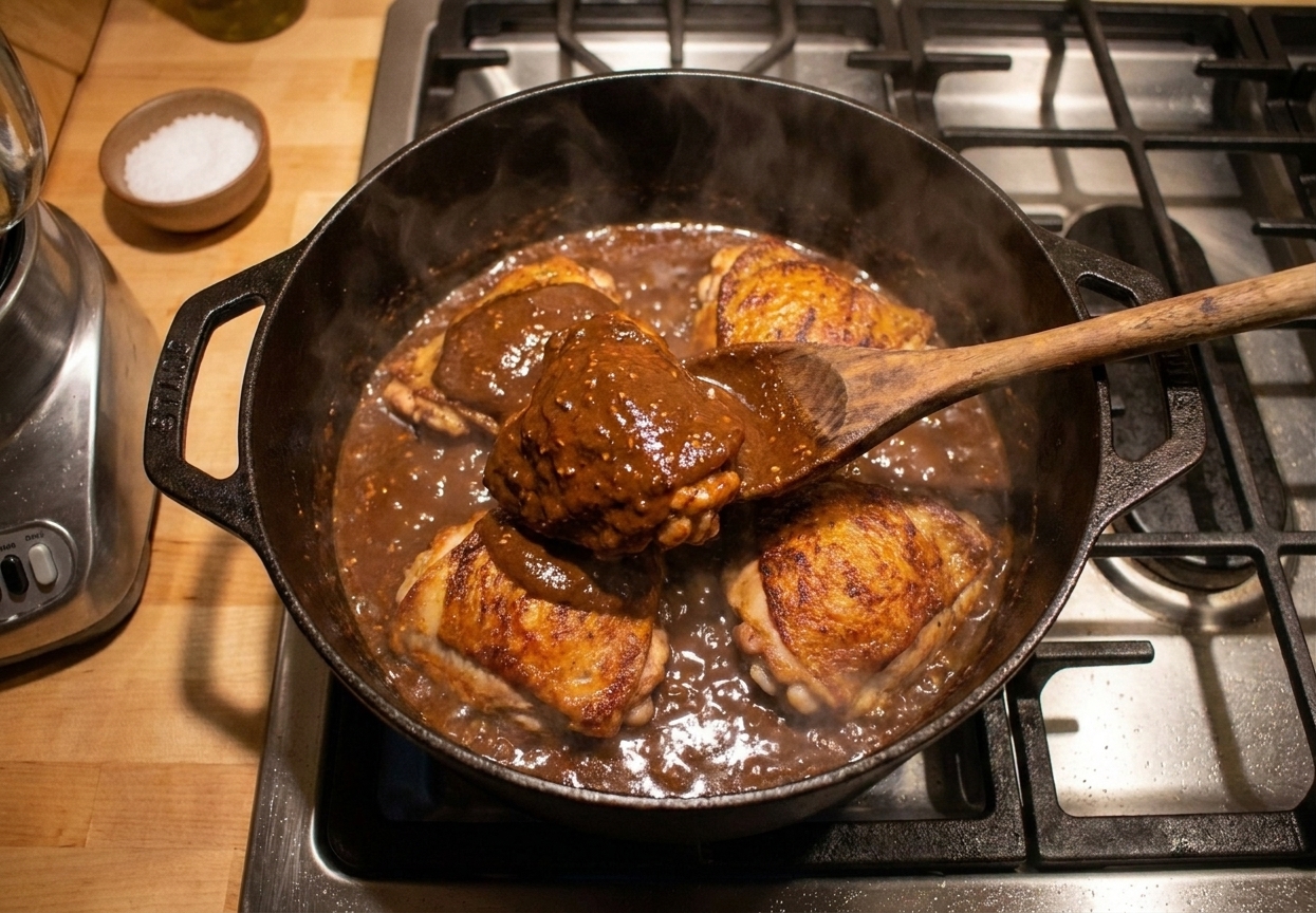 Chicken pieces simmering in a pot of glossy dark mole sauce with a wooden spoon stirring near the surface