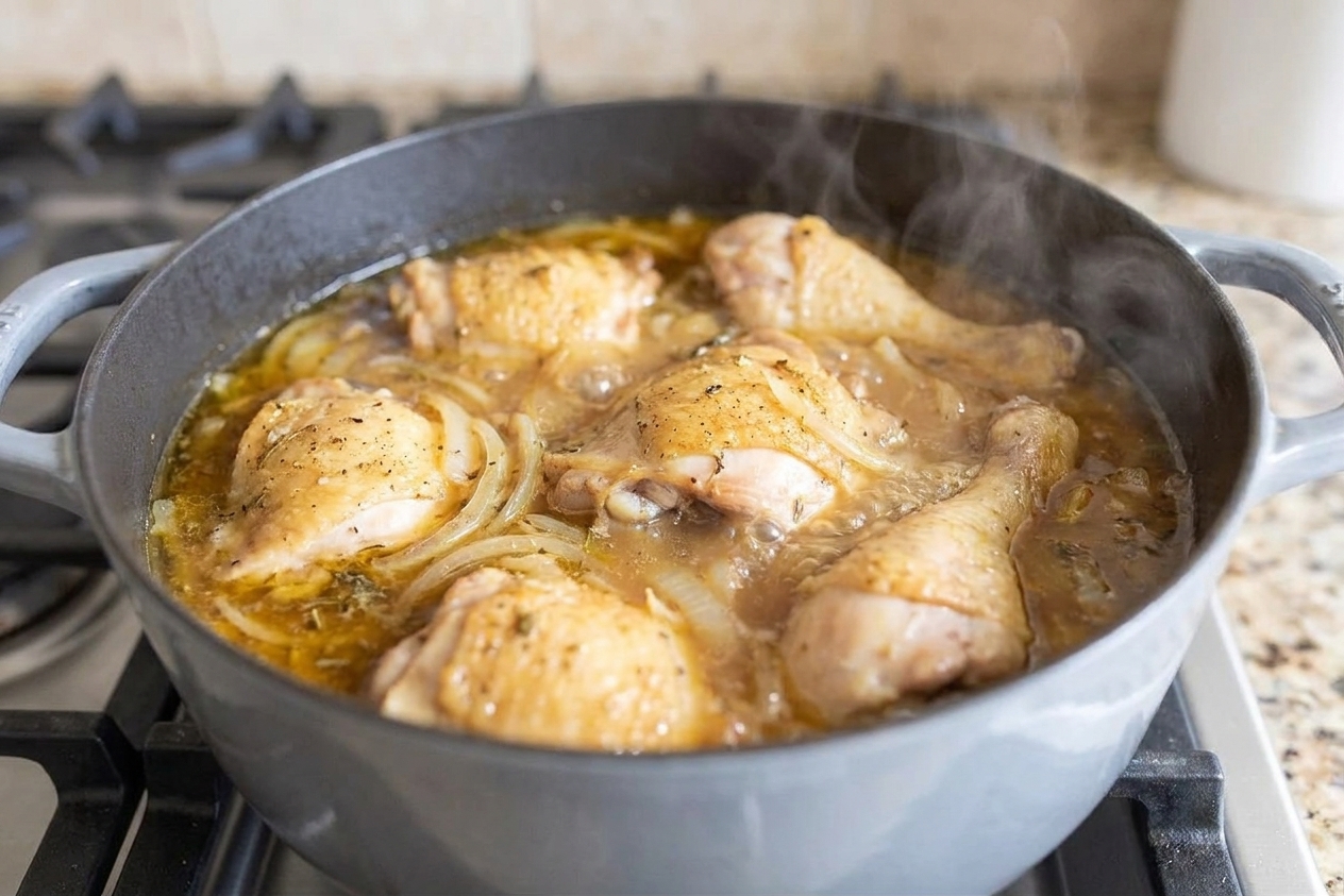 Chicken pieces simmering in a pot with onions and broth on a stovetop, steam rising