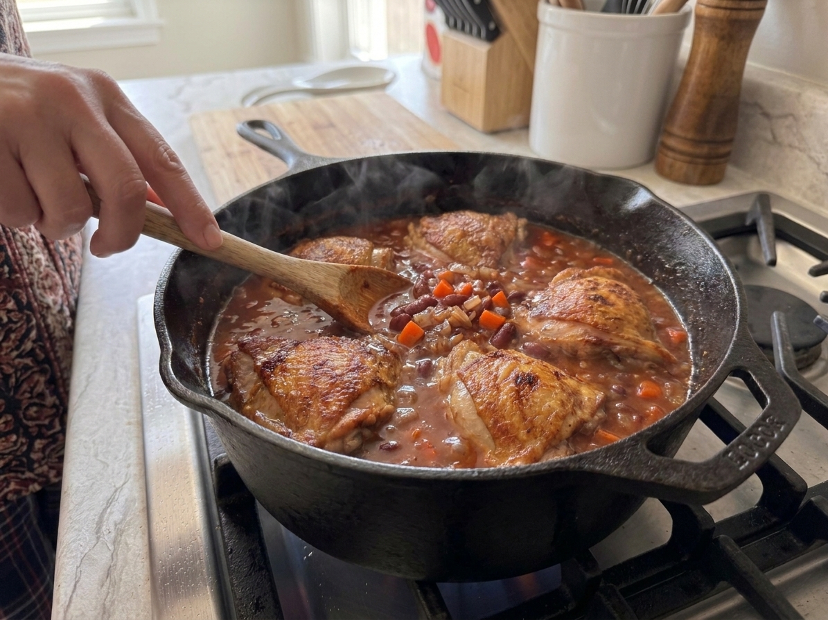 Chicken pieces simmering in a reddish-brown stew sauce inside a Dutch oven on a stovetop
