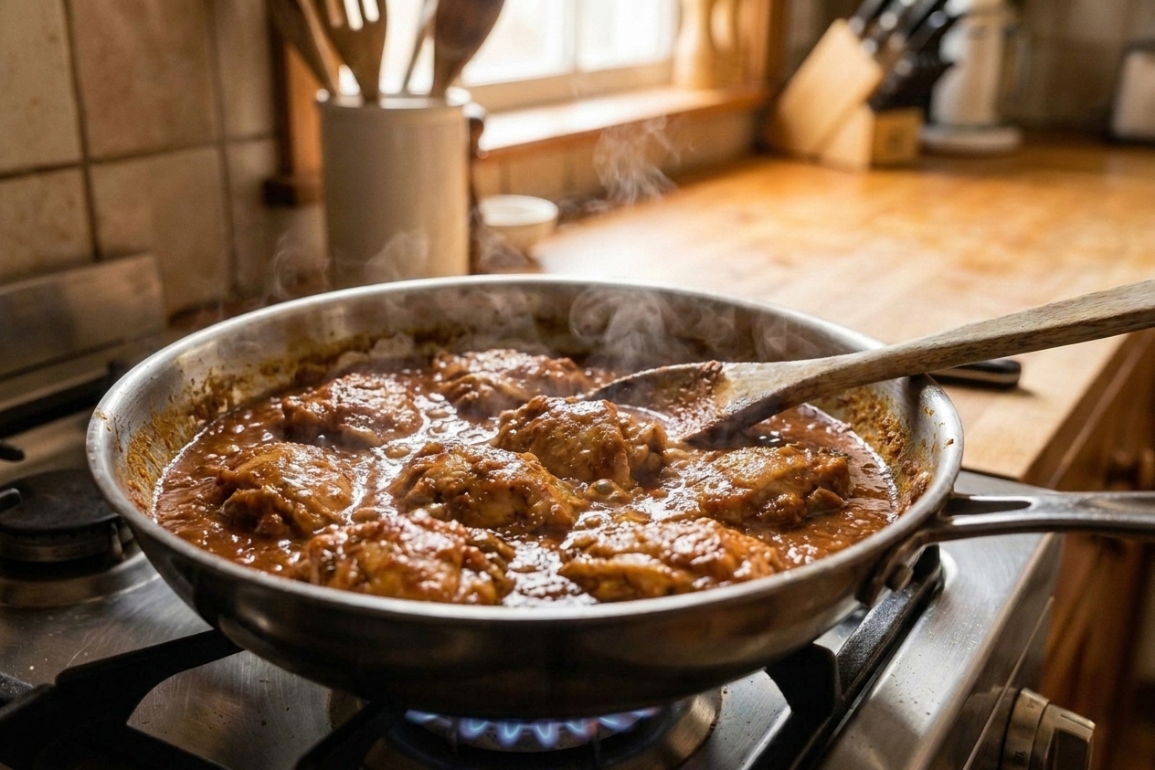Chicken pieces simmering in a thick reddish-brown masala sauce in a wide stainless steel skillet on a home stove with steam rising