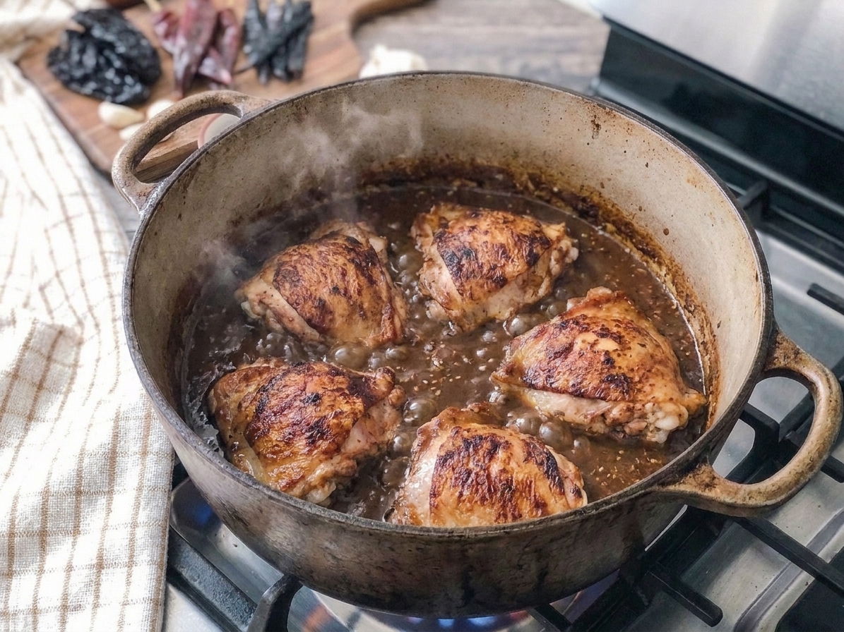 Chicken pieces simmering in thick dark mole-style sauce in a Dutch oven with gentle bubbles