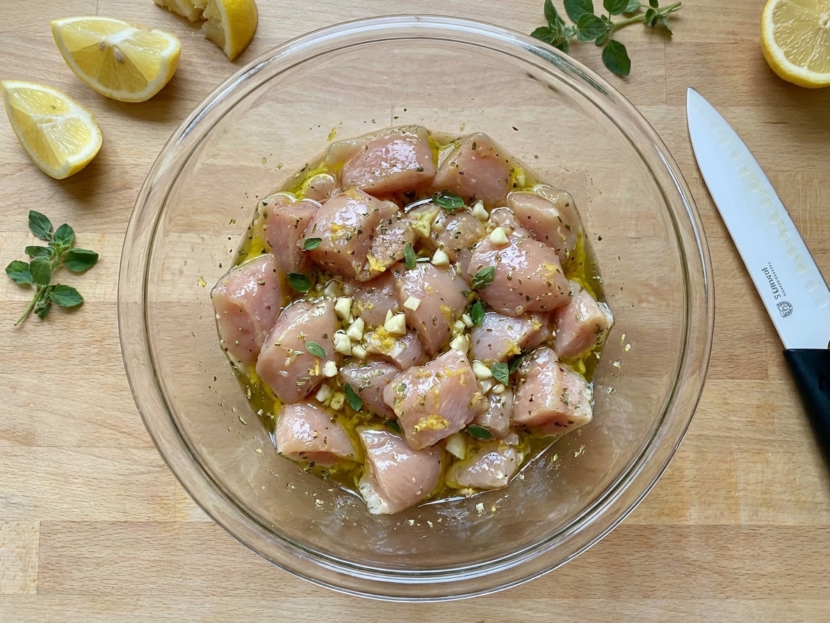 Chicken pieces sitting in a glass bowl coated in a glossy lemon, garlic, and oregano marinade on a kitchen counter
