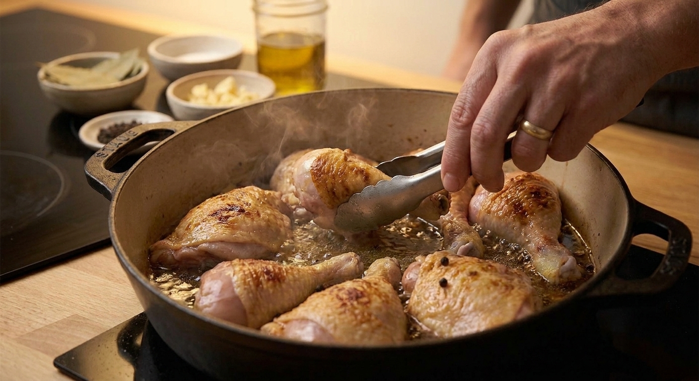 Chicken pieces sizzling in a pot as the skin browns, with light steam rising on a home kitchen stove