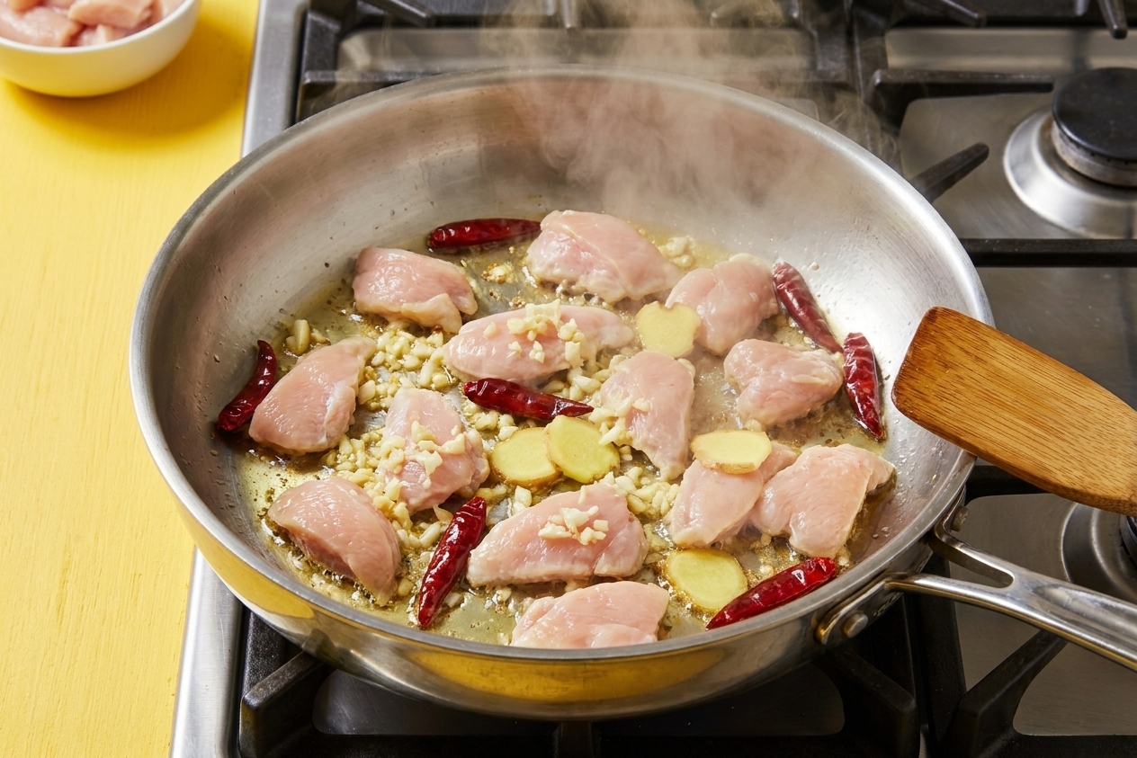 Chicken pieces sizzling in a wide skillet with garlic, ginger, and dried red chiles, steam rising in a home kitchen