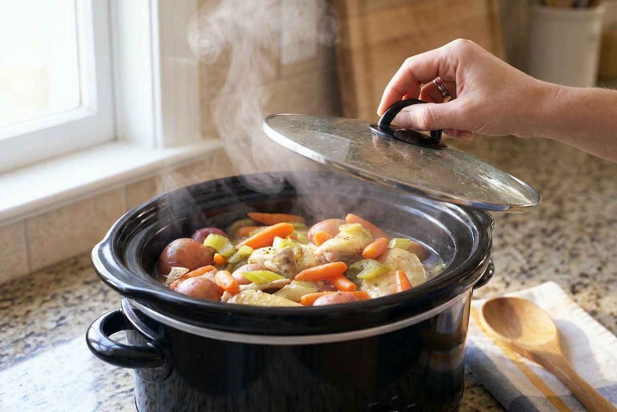 Chicken, potatoes, and vegetables simmering in a slow cooker with the lid just lifted, steam rising