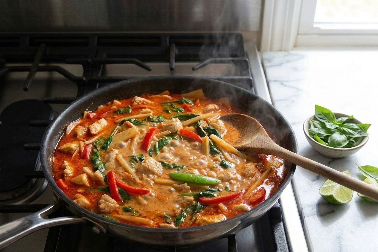 Chicken red curry simmering with sliced red bell pepper and snap peas in a skillet
