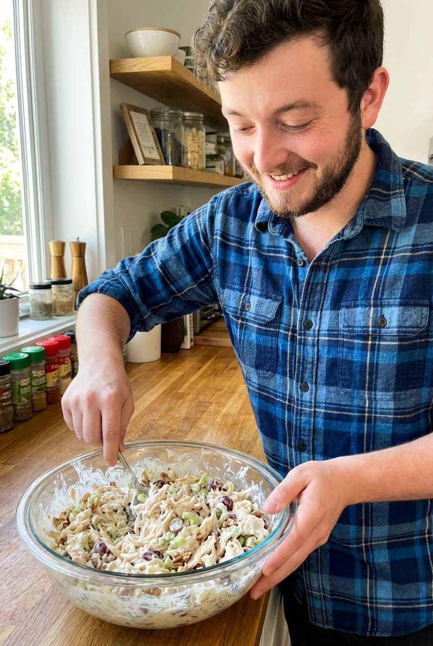 Chicken salad being stirred in a glass mixing bowl with a spoon